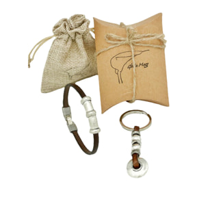 Conjunto llavero y pulsera en cuero marrón Tub1
