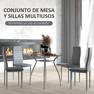 Juego de Mesa de Comedor y 4 Sillas Conjunto de Muebles de 5 Piezas Mesa Redonda de Vidrio Templado Ø90x75 cm y 4 Sillas con Patas de Acero Carga 120 kg 42x52x96 cm Gris