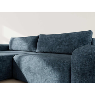 Rebecca - canapé d'angle gauche 4 places convertible avec coffre en velours texturé - Bleu