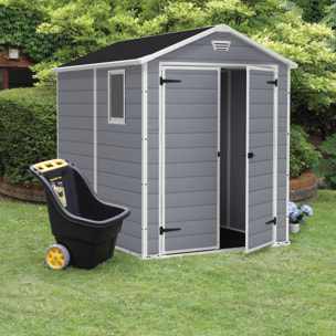 Manor 6x8 - Casetta da Giardino 185,80x227x236,80 cm 2 Ante per deposito attrezzi finitura effetto legno graffiato in Resina Grigio