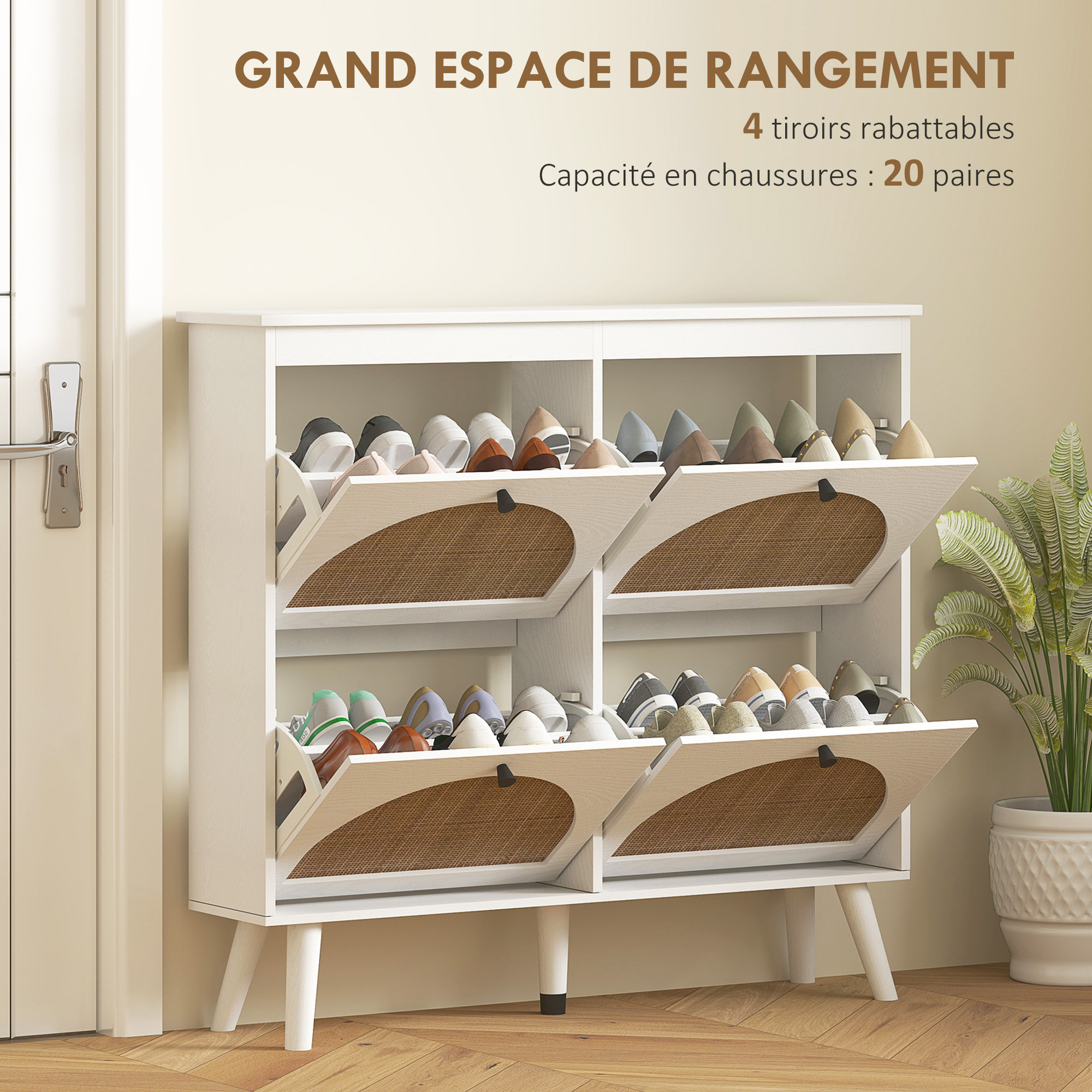 Meuble à chaussures 4 portes abattantes style bohème - façades motif semi-circulaire rotin - pieds bois aspect bois blanc