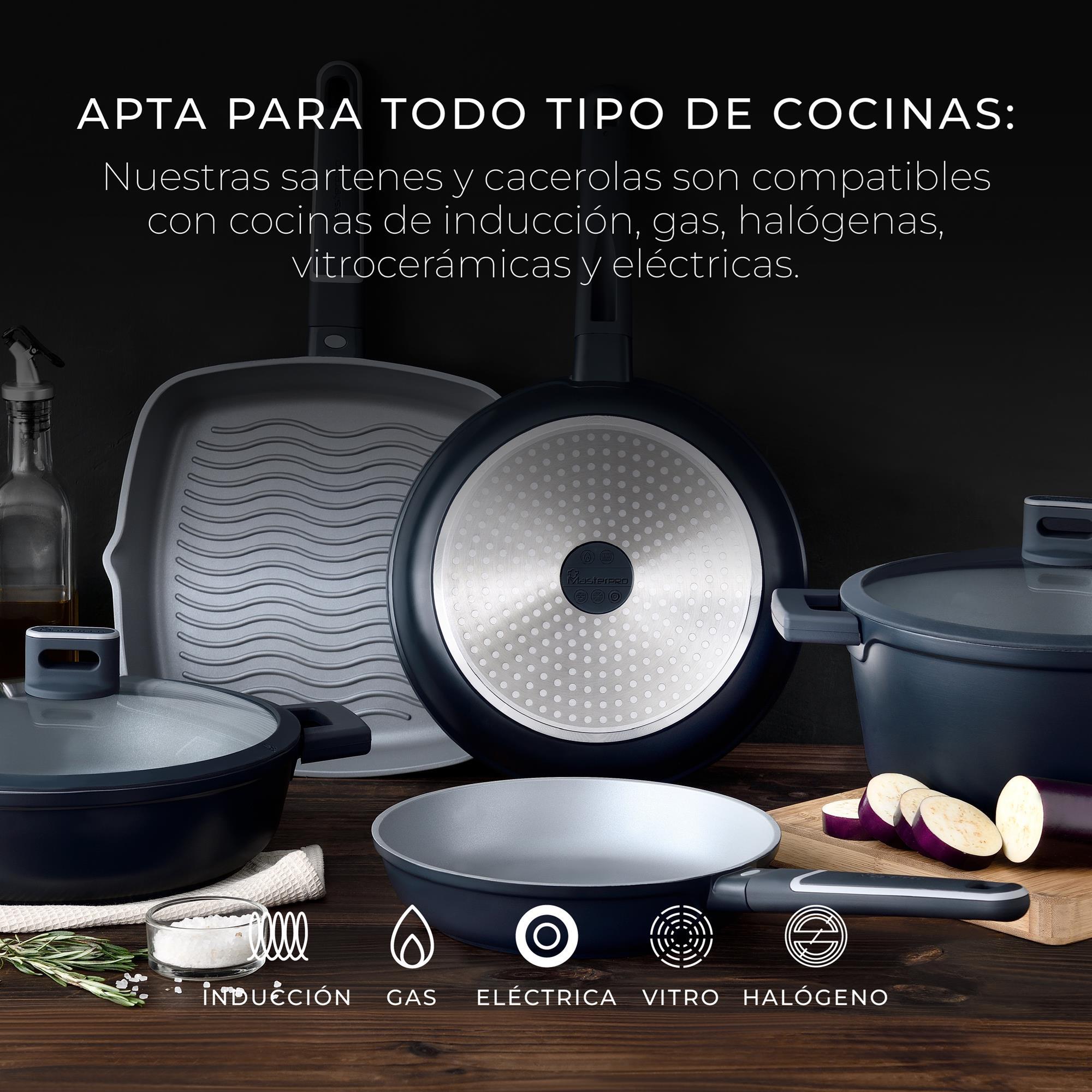 Batería de cocina de 17 piezas índigo en aluminio fundido con sartenes, wok, parrilla, cacerolas y cazo con tapas masterpro