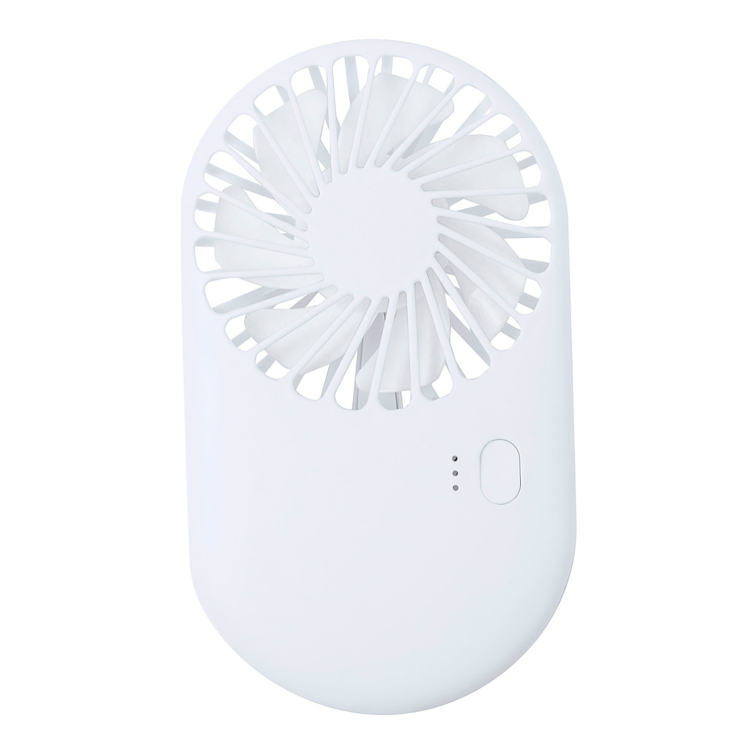 Ventilatore portatile con 3 velocità, supporto integrato per smartphone e batteria ricaricabile da 300 mAh.