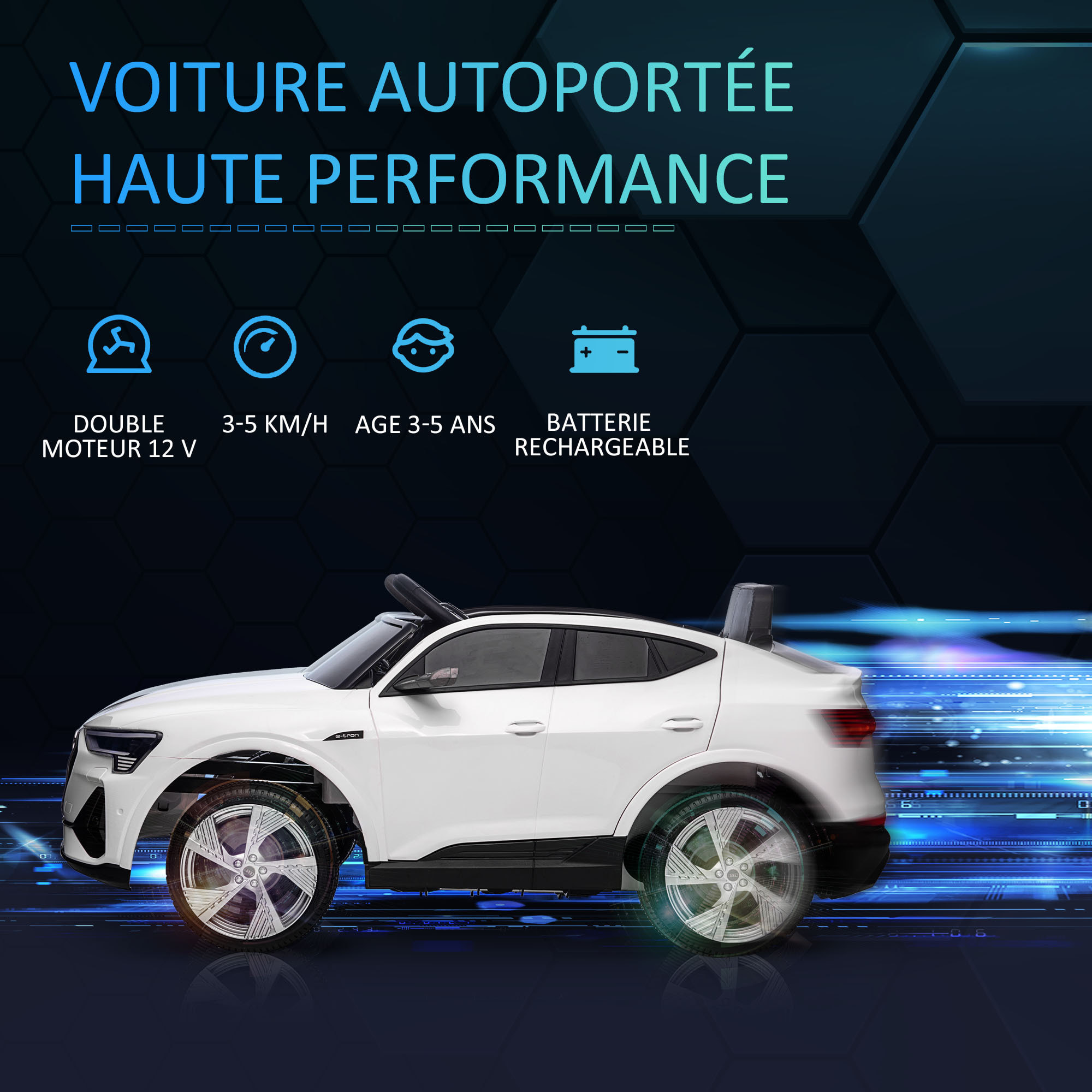 Voiture véhicule électrique enfant e-tron Sportback S line 12 V - V. max. 8 Km/h - effets sonores, lumineux - télécommande, port USB, MP3 - blanc