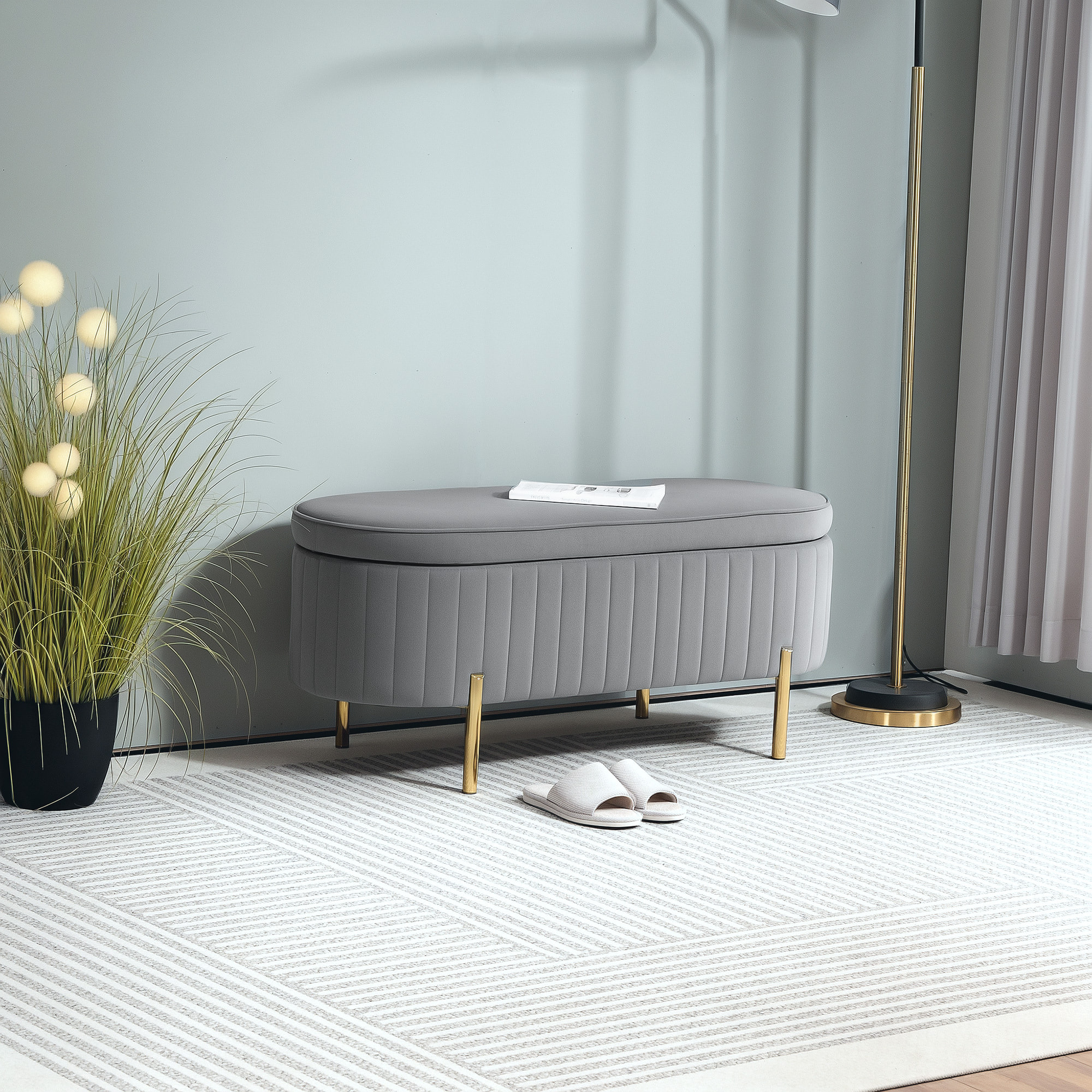 Banquette coffre 2 en 1 design ovale dim. 108x44x43cm velours gris