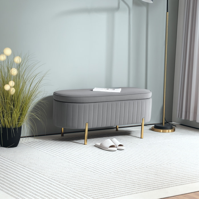 Banquette coffre 2 en 1 design ovale dim. 108x44x43cm velours gris