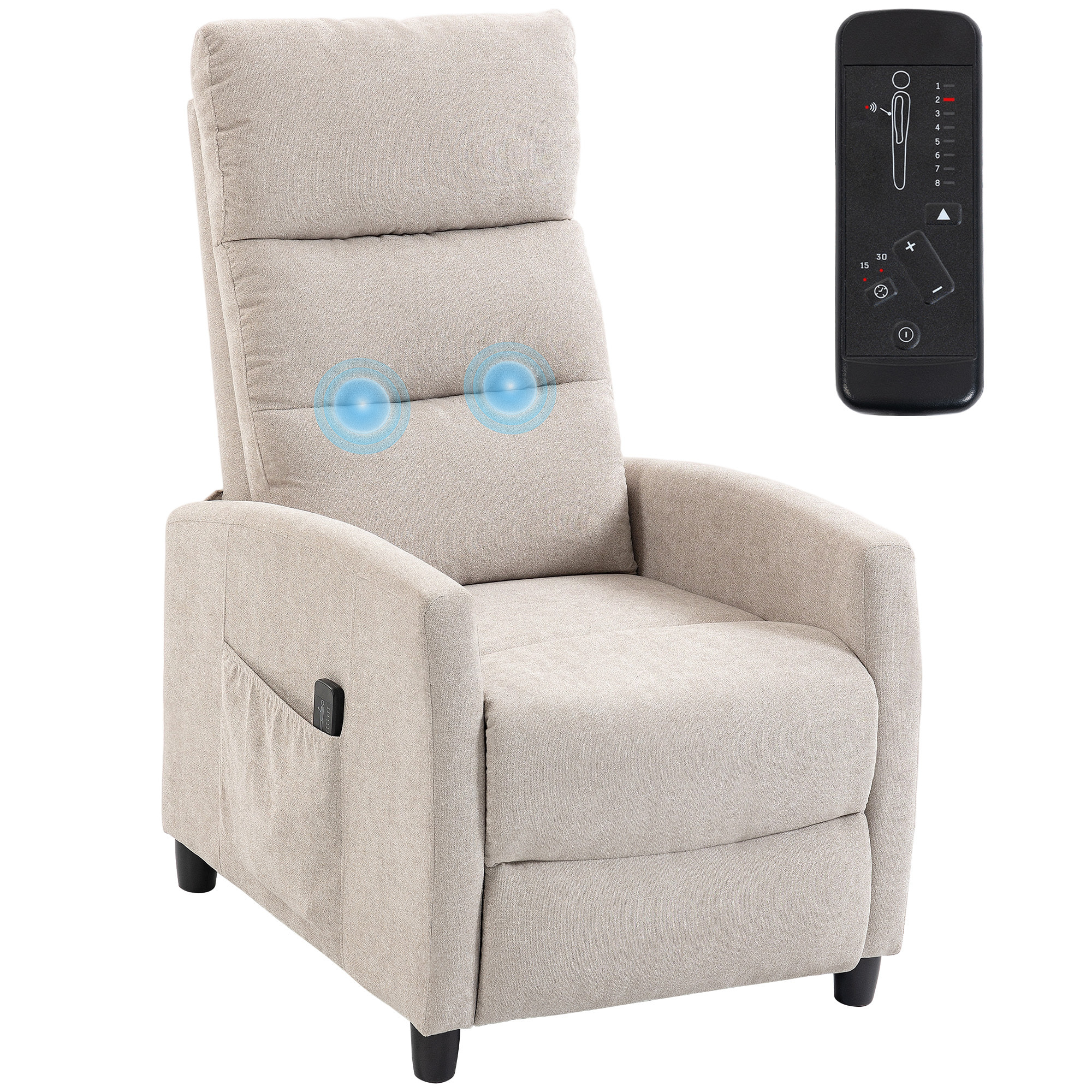 Sillón de Masaje, Sillón Relax Reclinable 160° con Mando a Distancia, Reposapiés, 2 Zonas de Masaje, Respaldo Alto, Asiento de Muelles, Bolsillos, Tapizado en Chenilla, 66x91x108 cm Crema