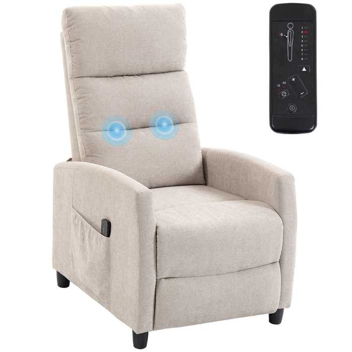 Sillón de Masaje, Sillón Relax Reclinable 160° con Mando a Distancia, Reposapiés, 2 Zonas de Masaje, Respaldo Alto, Asiento de Muelles, Bolsillos, Tapizado en Chenilla, 66x91x108 cm Crema