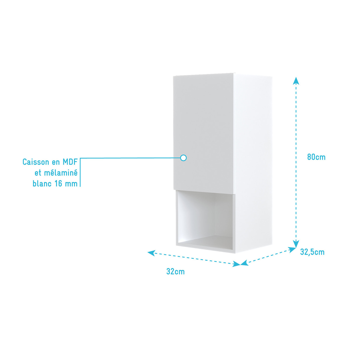 Colonne de rangement blanche - Porte et niche - 35x80x32.5 cm