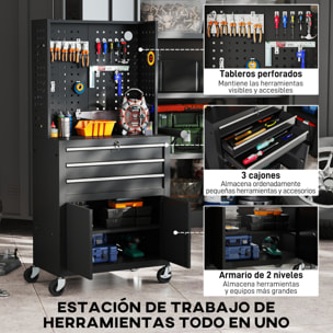 Carro de Herramientas con 3 Cajones y Tabla de Pegboard, Carro de Taller, Cerradura por Llave, Estante Ajustable, 2 Ruedas con Freno de Bloqueo, Negro