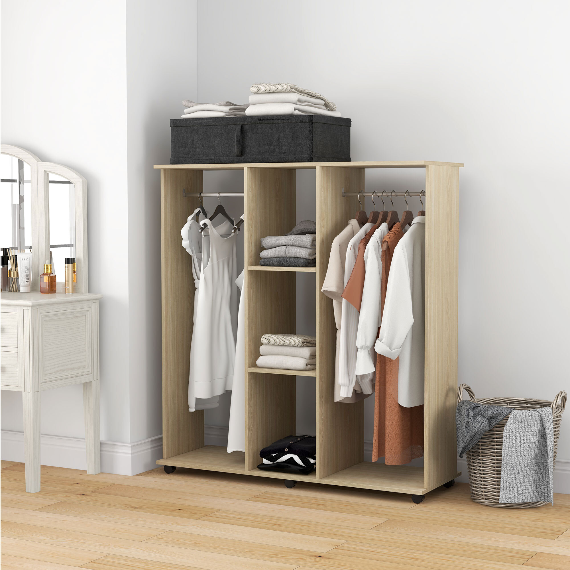 Armoire penderie meuble de rangement mobile 6 roulettes 120L x 40l x 128H cm panneaux de particules aspect bois chêne