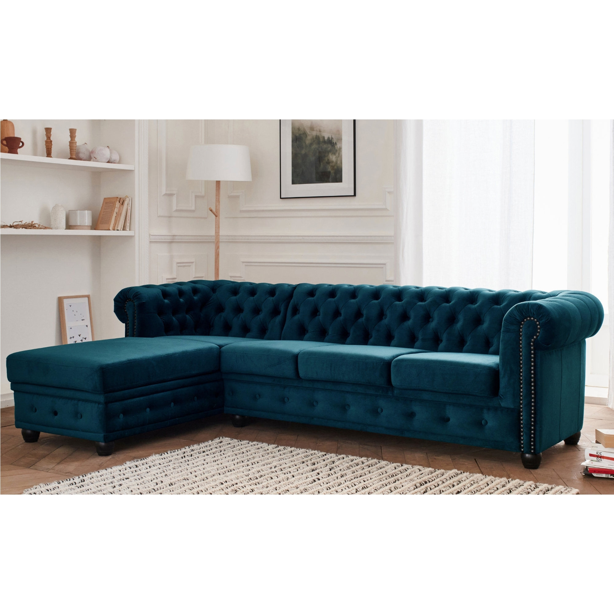 William - canapé Chesterfield d'angle gauche - 4 places - en velours - Bleu canard