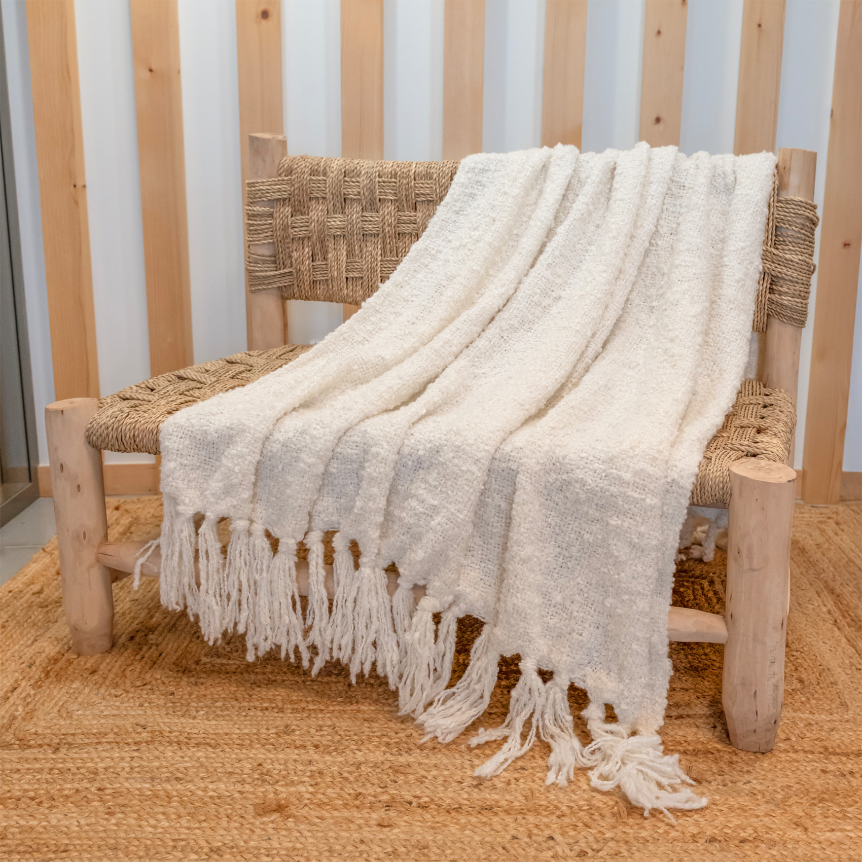 Plaid bouclette doux avec franges - Ecru