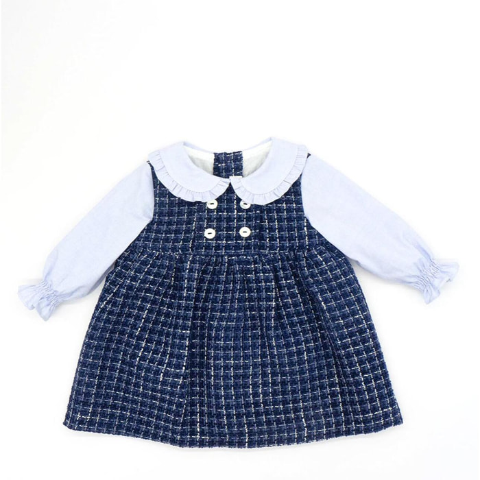 Vestido tweed con las mangas y cuello oxford en azul