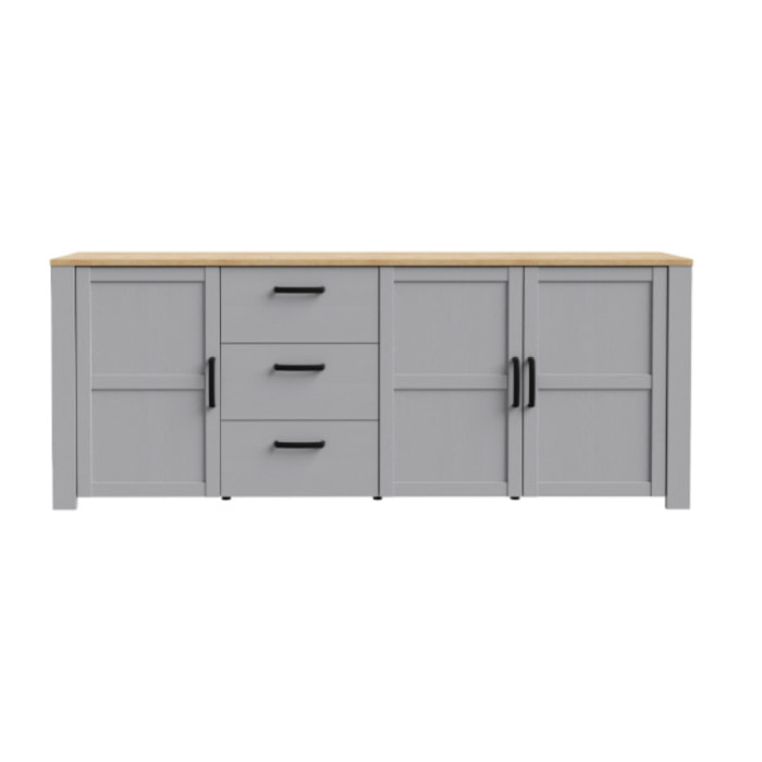 Buffet salon moderne bois gris 3 tiroirs 3 portes L221cm - ST MALO