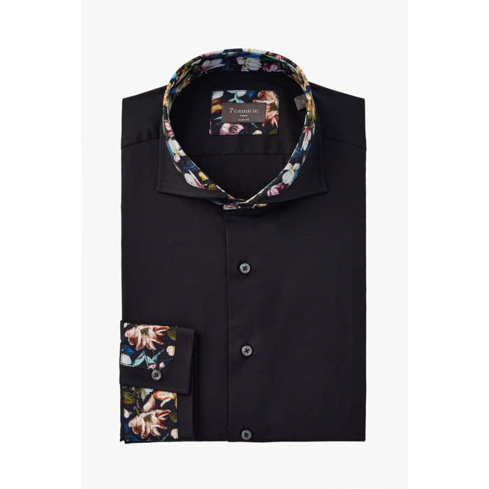 Camicia Uomo 1 Bottone Francese Contrasto sul Collo Popeline Stretch Unito Nero