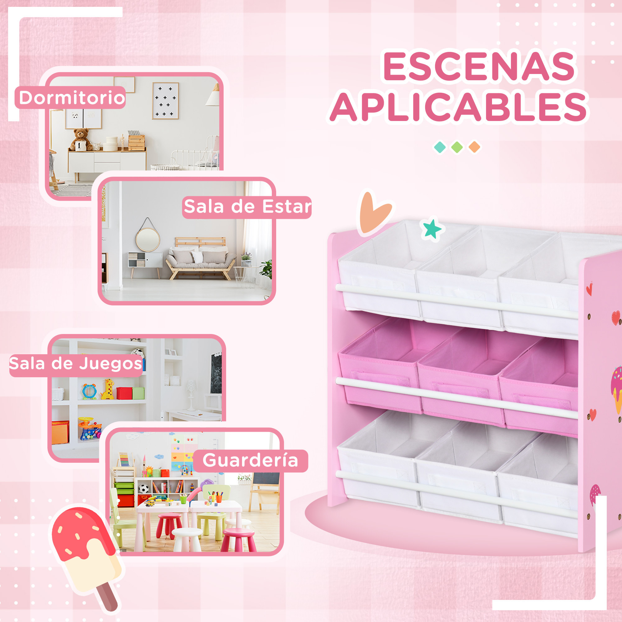 Estantería Infantil con 9 Cajas de Tela no Tejida Extraíbles Organizador de Juguetes para Dormitorio Guardería 63x30x60 cm Rosa