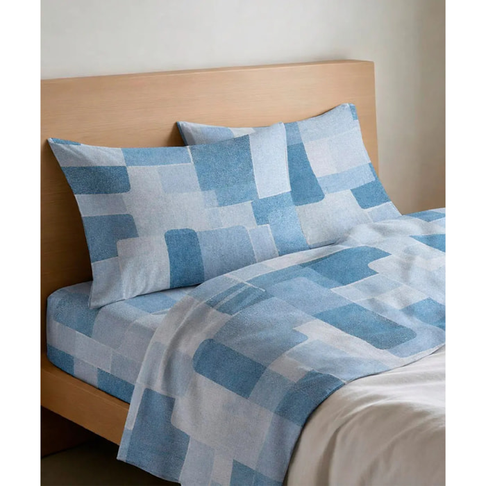 Completo Lenzuola BRICK AZZURRO 100% Cotone e Made in Italy a quadri geometrico