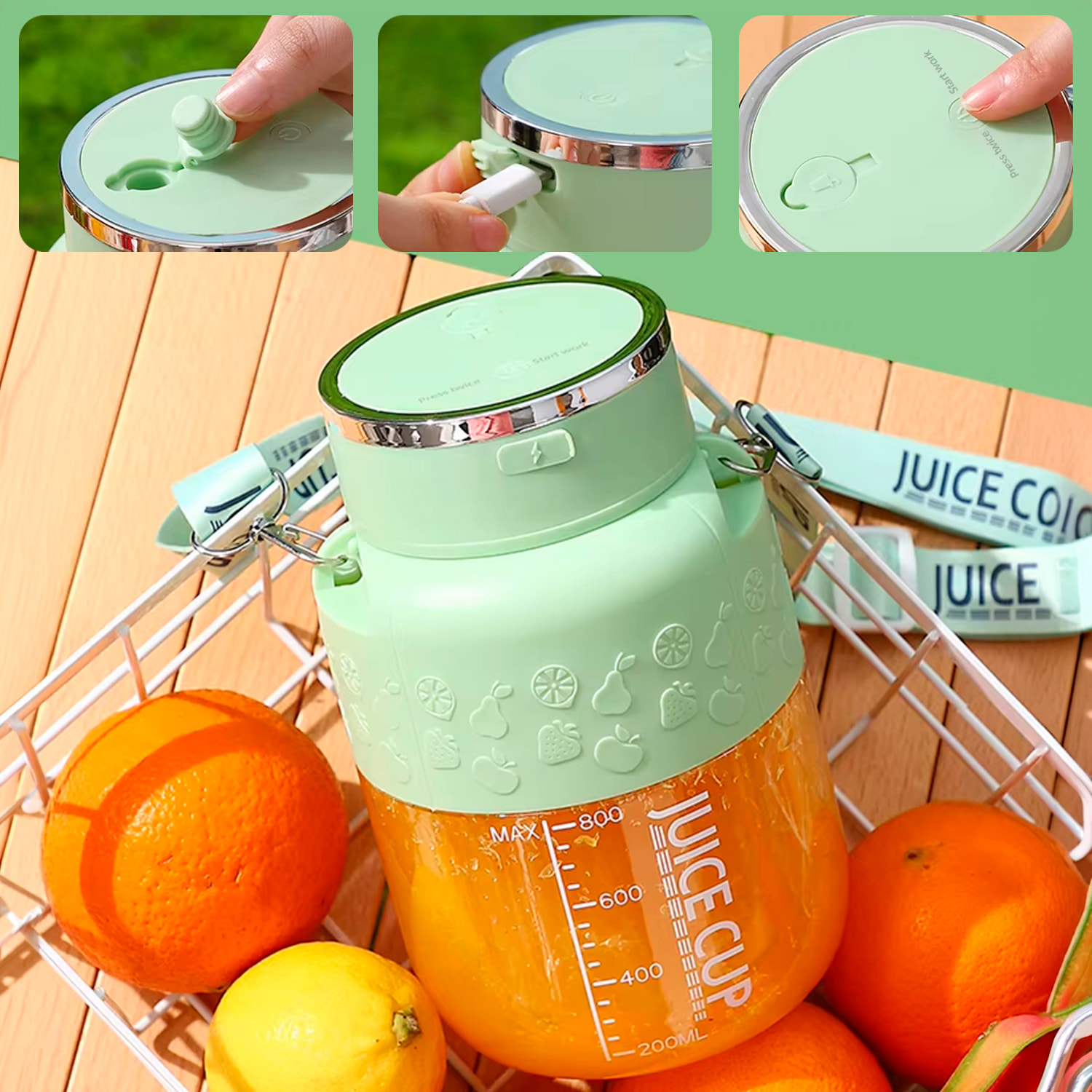 Frullatore portatile elettrico K2 da 800 ml con 10 lame in acciaio, sicurezza tramite doppio clic e batteria ricaricabile.