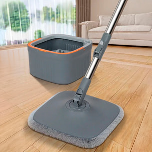 Mopa giratoria con cubo de separación de agua limpia y sucia, sistema manos libres y cabezal 360°. Apta para limpieza en seco y húmedo.