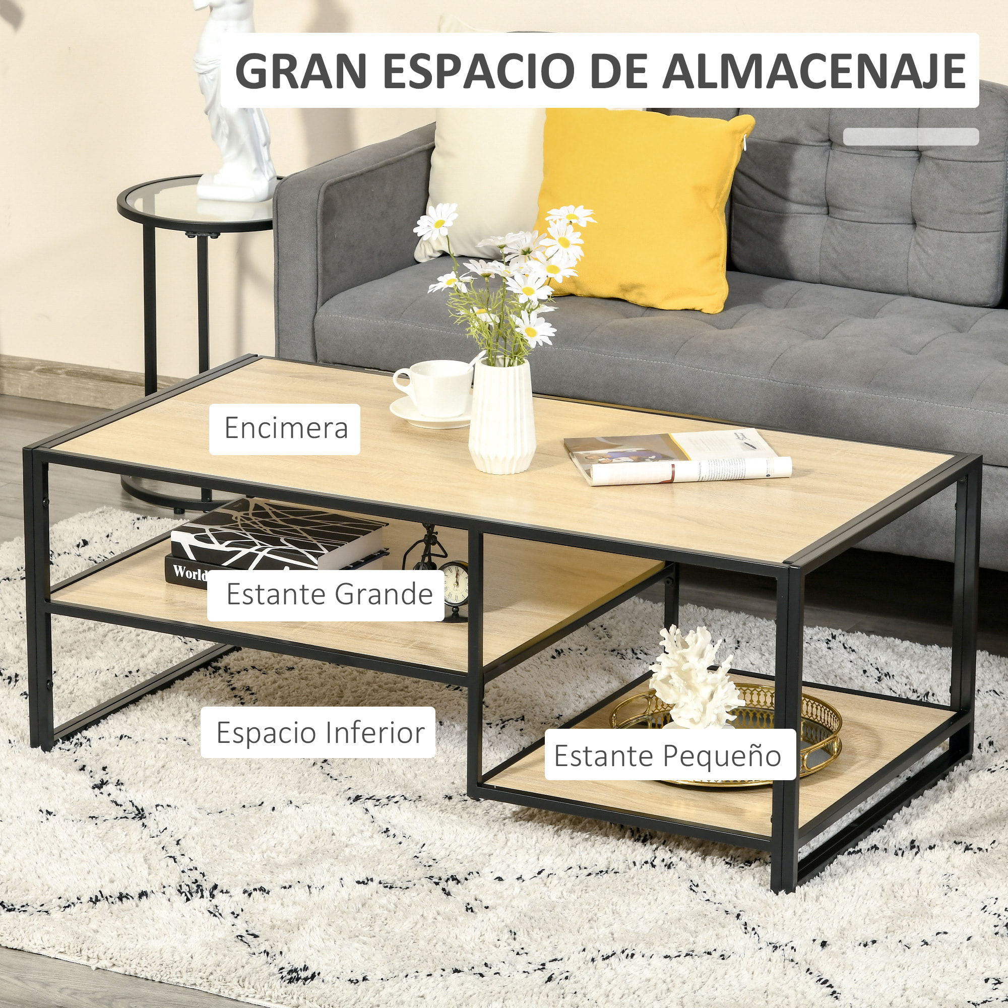 HOMCOM Mesa de Centro para Salón con 2 Estantes de Almacenamiento Mesa de Café con Marco de Acero para Sala de Estar Dormitorio Oficina 120x60x46 cm Roble