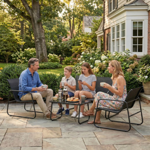 Conjunto Jardín Exterior de 4 Piezas, Muebles Jardín Exterior con Sofá de 2 Plazas, 2 Sillones, Mesa de Vidrio Templado, Tela de Textilene Transpirable, Estructura de Acero, Gris Oscuro