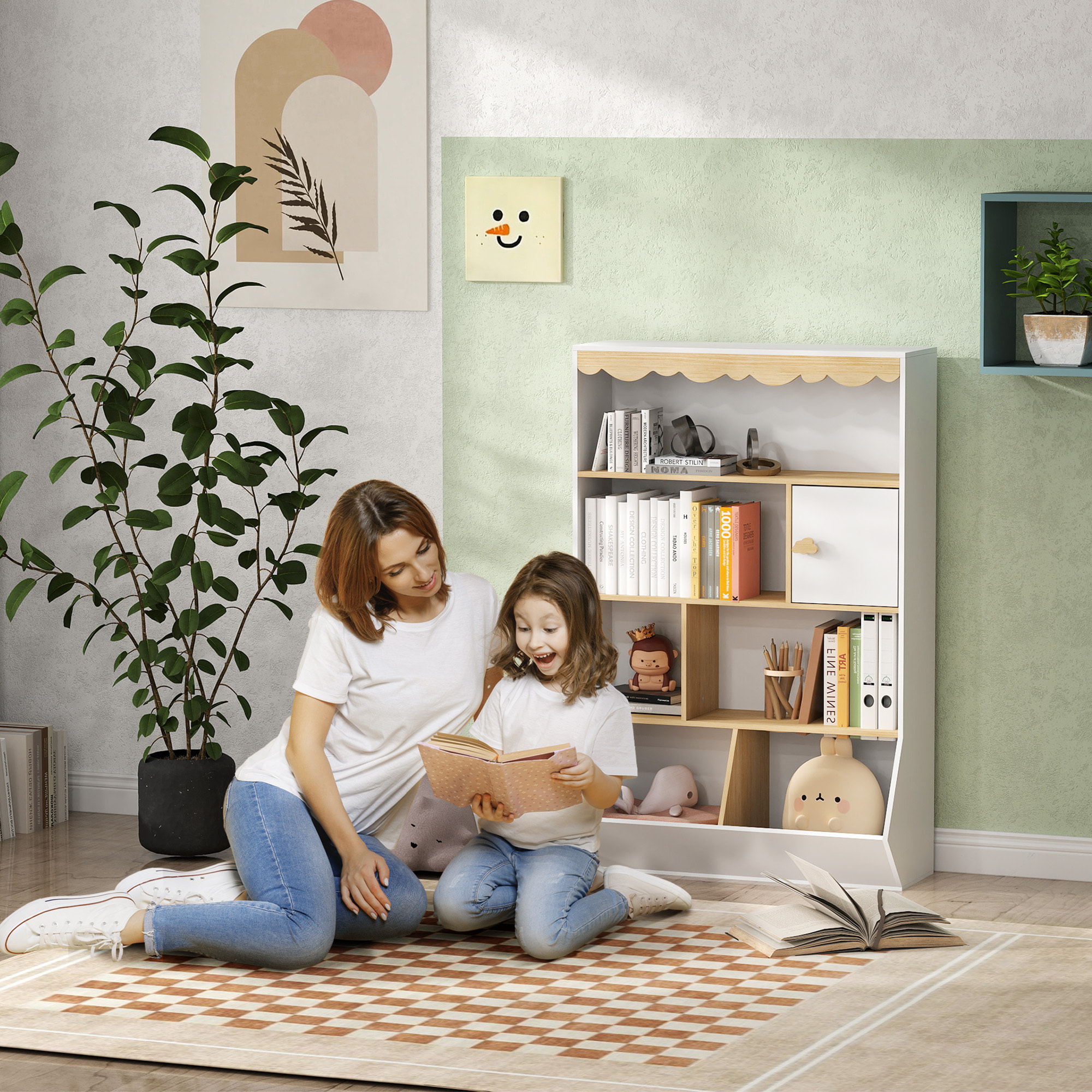 Bibliothèque enfant design nuage - 6 niches et porte - blanc aspect bois