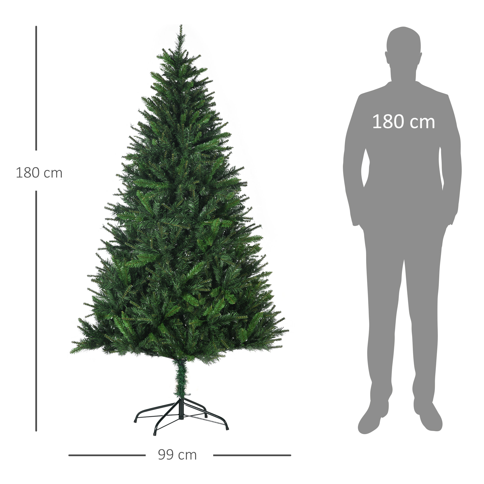 HOMCOM Albero di Natale Artificiale 180cm con 786 Rami, 2 Sezioni e Base in Metallo, Verde