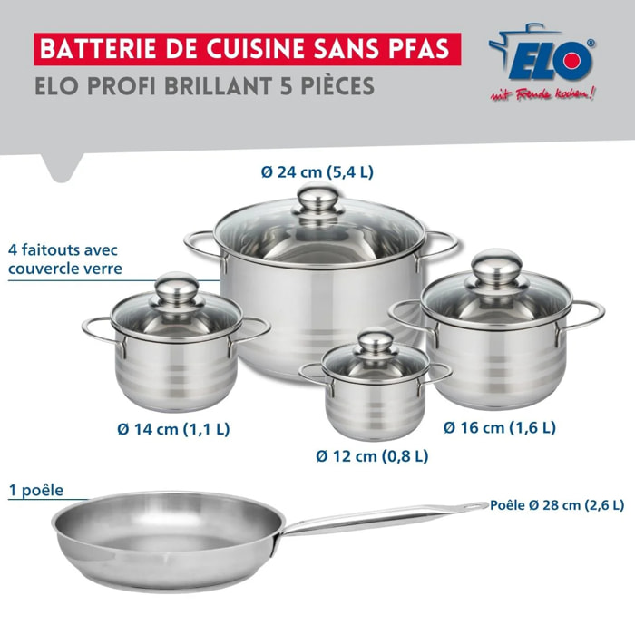Ensemble de 1 Poêle de cuisson 28 cm et 4 faitouts 12, 14, 16 et 24 cm Elo Profi Brillant