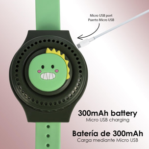 Reloj ventilador portátil con batería de 300mAh. Diseño dinosaurio. 3 velocidades.