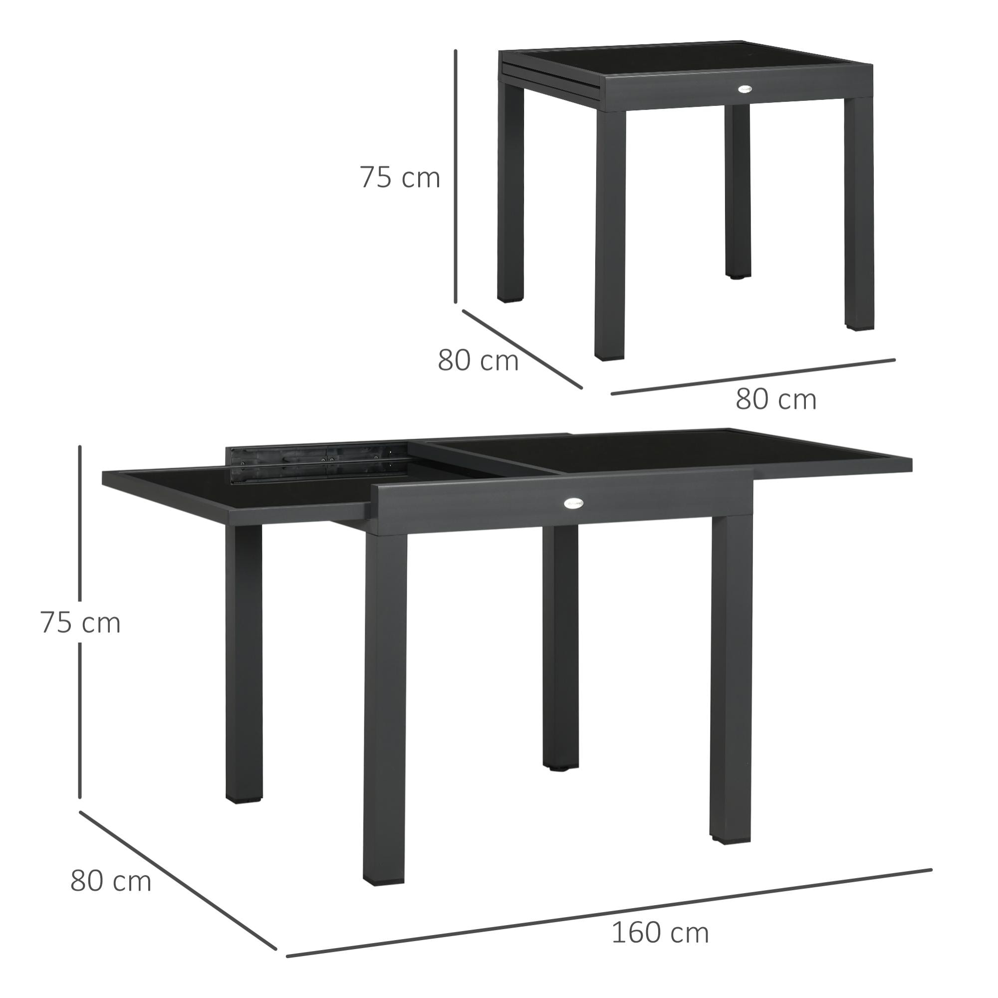 Mesa de Jardín Extensible de Aluminio Mesa de Comedor Rectangular con Encimera de Vidrio Templado Carga 50 kg para Terraza 80-160x80x75 cm Negro