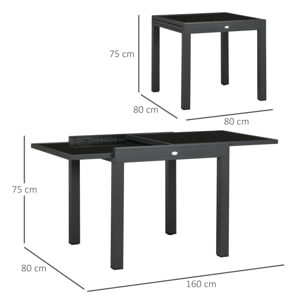 Mesa de Jardín Extensible de Aluminio Mesa de Comedor Rectangular con Encimera de Vidrio Templado Carga 50 kg para Terraza 80-160x80x75 cm Negro