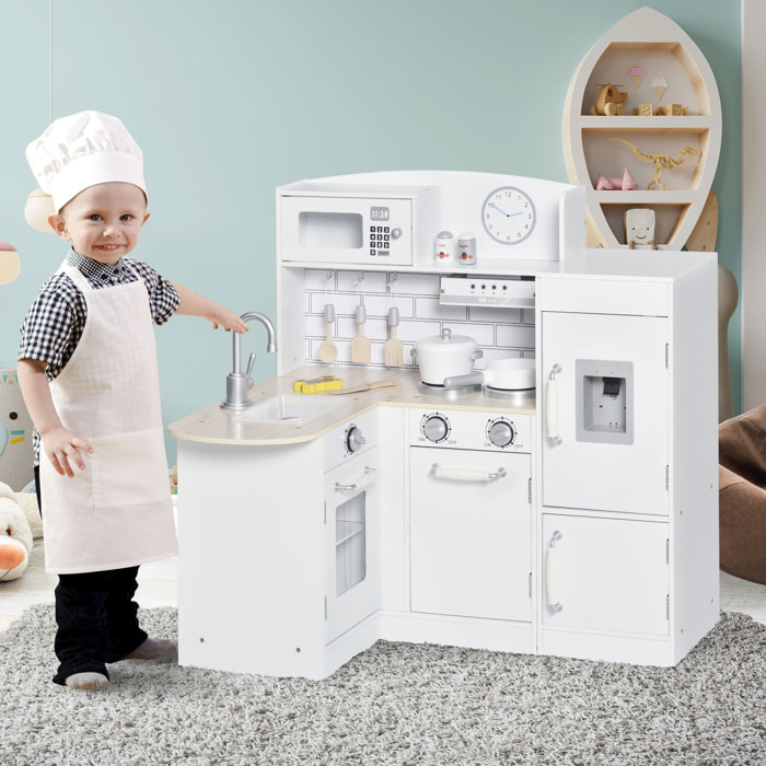 Cocina de Juguete de Madera para Niños de +3 Años con 14 Accesorios Separable Cocinita Infantil con Sonido Nevera Microondas Fregadero Campana 86x64x84,5 cm Blanco