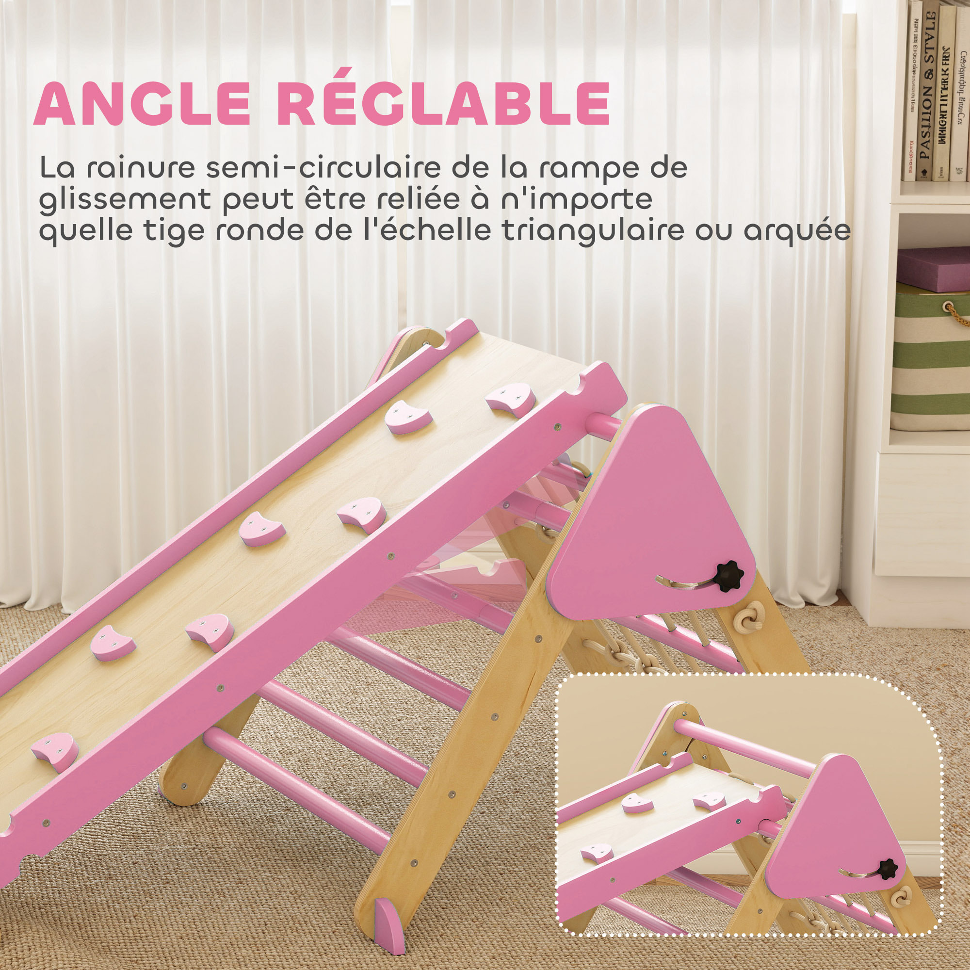 Triangle d'escalade enfant pliable 8 en 1 - aire de jeu enfant - bois rose