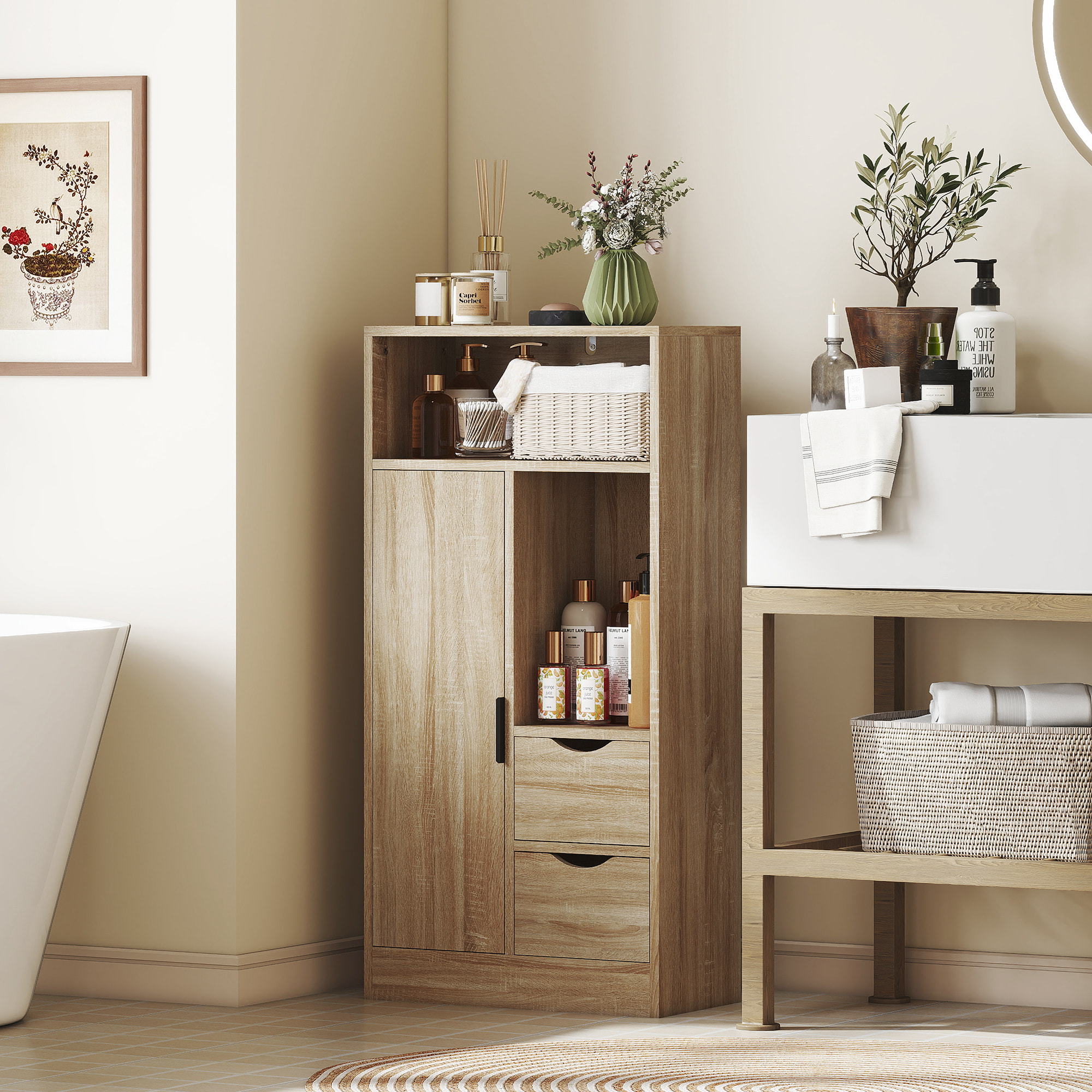 Meuble bas salle de bain porte étagère 2 niches 2 tiroirs - 50 x 25 x 100 cm - naturel