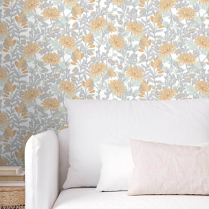 Papier peint chrysanthèmes jaune doux