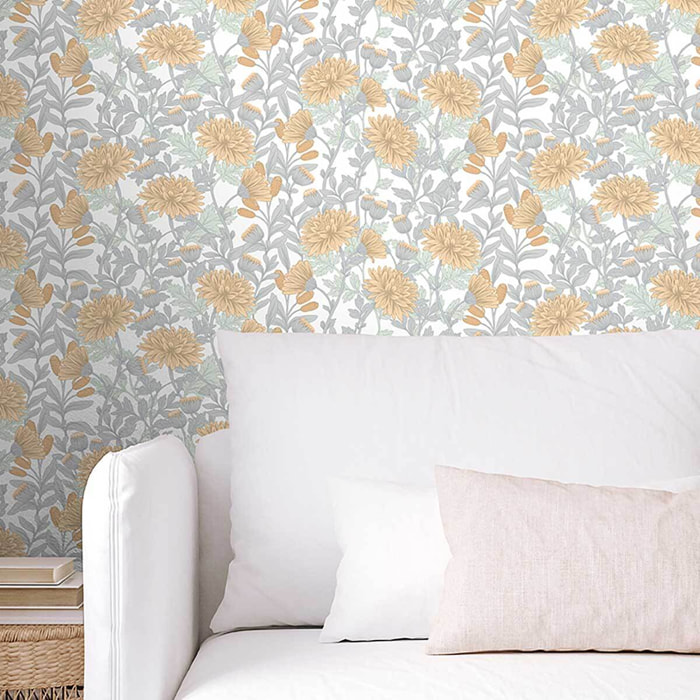 Papier peint chrysanthèmes jaune doux