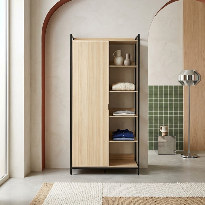 Module dressing décor bois et métal 1 penderie 6 étagères 1 porte CLEVER