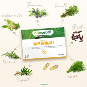 OLIOSEPTIL - Gélule Voies Urinaires - Assainit le système urinaire et favorise l'élimination rénale de l'eau - Complexe 7 Huiles Essentielles Pures et Chémotypées en Gélules Végétales - 15 Gélules