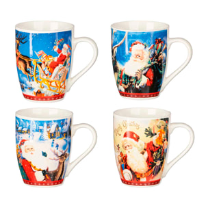 Pack de 4 tazas de navidad 350ml. Surtido de 4 diseños de Papa Noel con regalos.