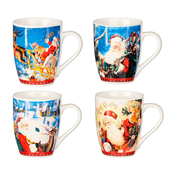Pack de 4 tazas de navidad 350ml. Surtido de 4 diseños de Papa Noel con regalos.