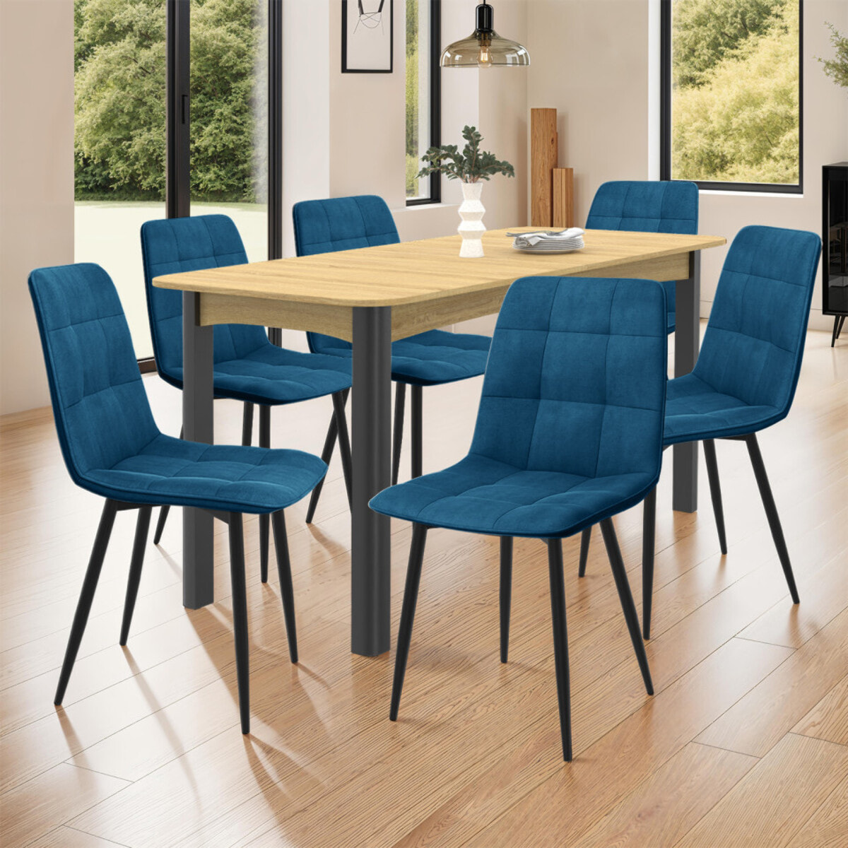 Chaises Linda en velours et pieds métal noirs - Bleu canard