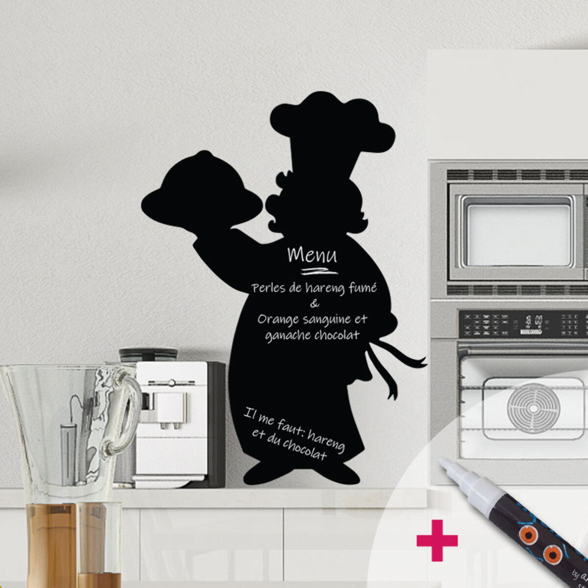 Sticker ardoise tableau noir - stickers muraux adhésif effaçable - CHEF DE CUISINE + CRAIE LIQUIDE BLANCHE
