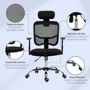 Vinsetto Silla de Oficina Giratoria Silla de Escritorio Ergonómica con Altura Ajustable Función de Inclinación Reposacabezas y Soporte Lumbar 63x62x109-117 cm Negro