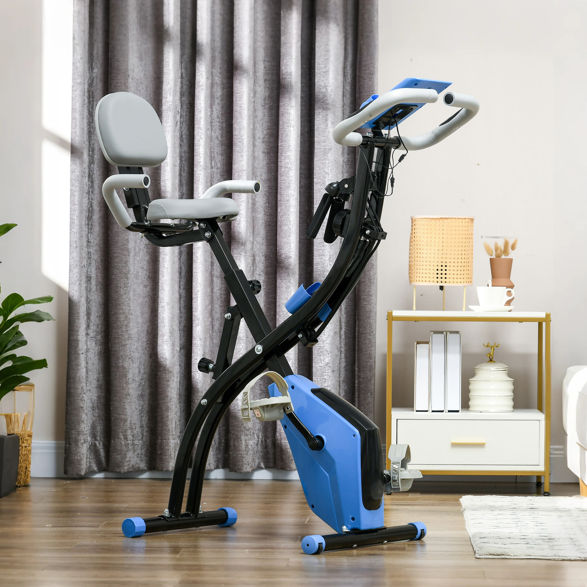 Bicicleta Estática Plegable 3 en 1 con Respaldo y 8 Niveles Resistencia Magnética, Bicicleta Estática para Casa Ajustable con Monitor LCD Volante Banda Sensor de Pulso Soporte de Teléfono Azul