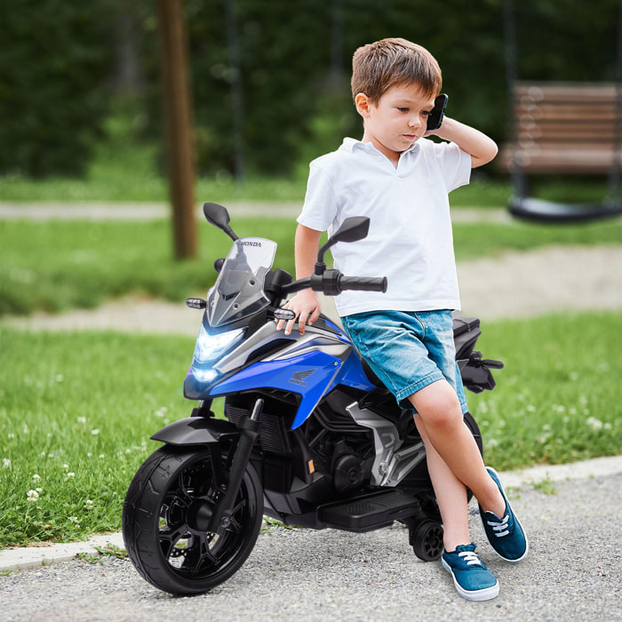 Moto électrique enfant Honda NC750x - musiques, feux AV LED, entrée USB MP3 jack - 2 roues support aux. - bleu