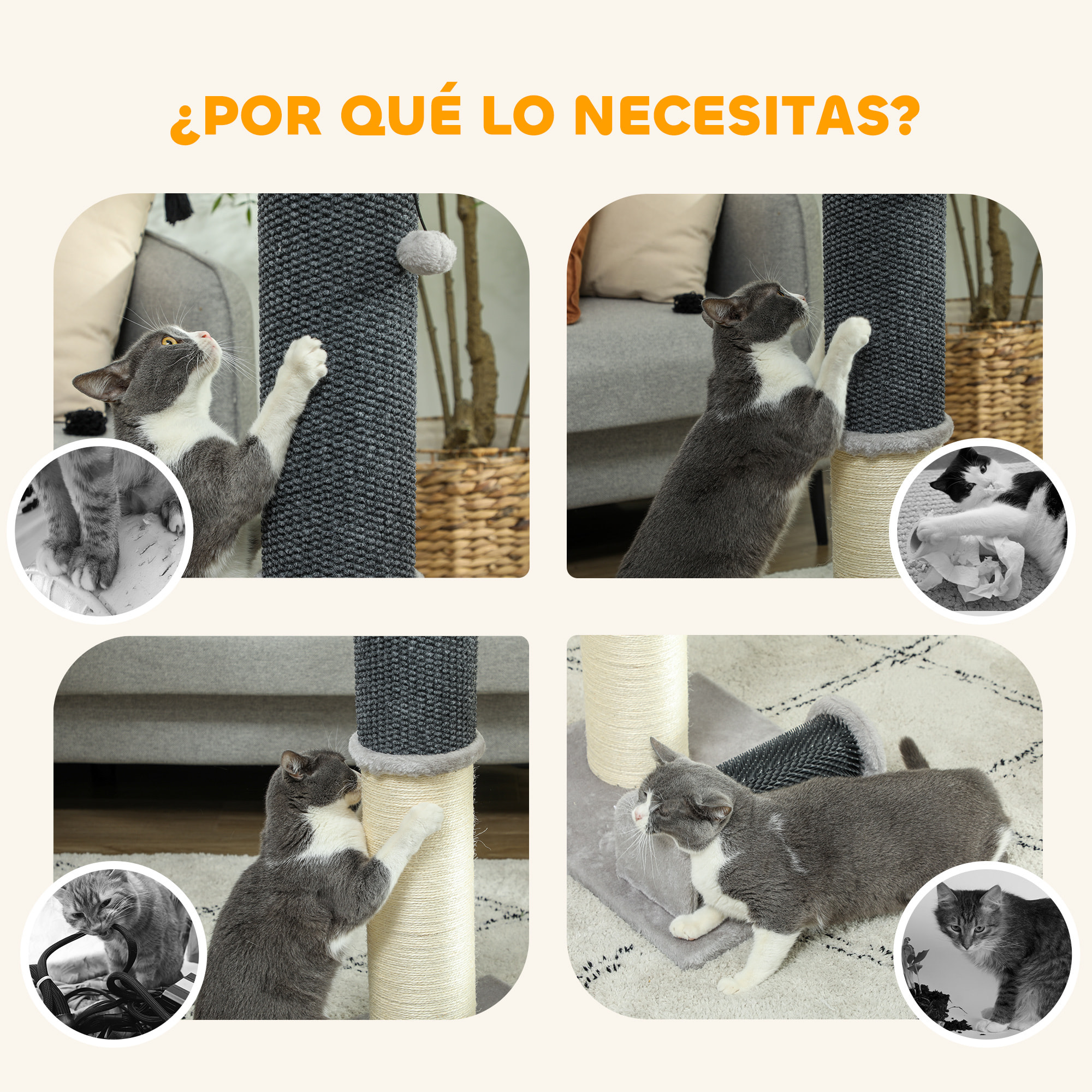 Poste Rascador para Gatos 85 cm Arañador para Gatos con Poste de Sisal Cepillo de Auto Acicalado y Bola de Juguete Gris y Crema