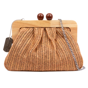 Benestare Bolso bandolera Mujer. Tela con detalles de madera natural y piel sintética.