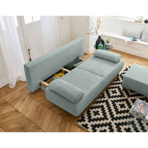 Cristal - canapé 3 places - convertible avec coffre et pouf - en velours côtelé - Bleu