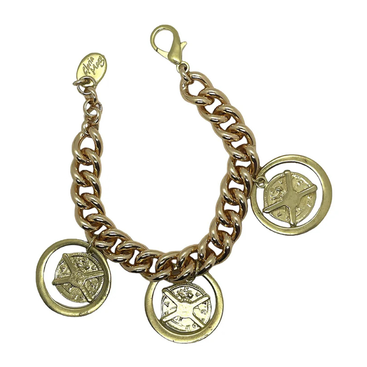 Pulsera Triple Aura con monedas tipo antigua en dorado. Aluminio ymetal